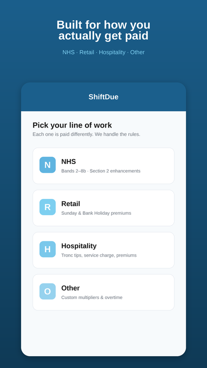 ShiftDue choose your work type